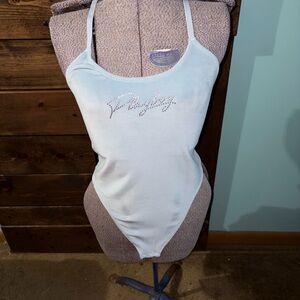 PLAYBOY Light Blue Velour Rhinestone Bodysuit
